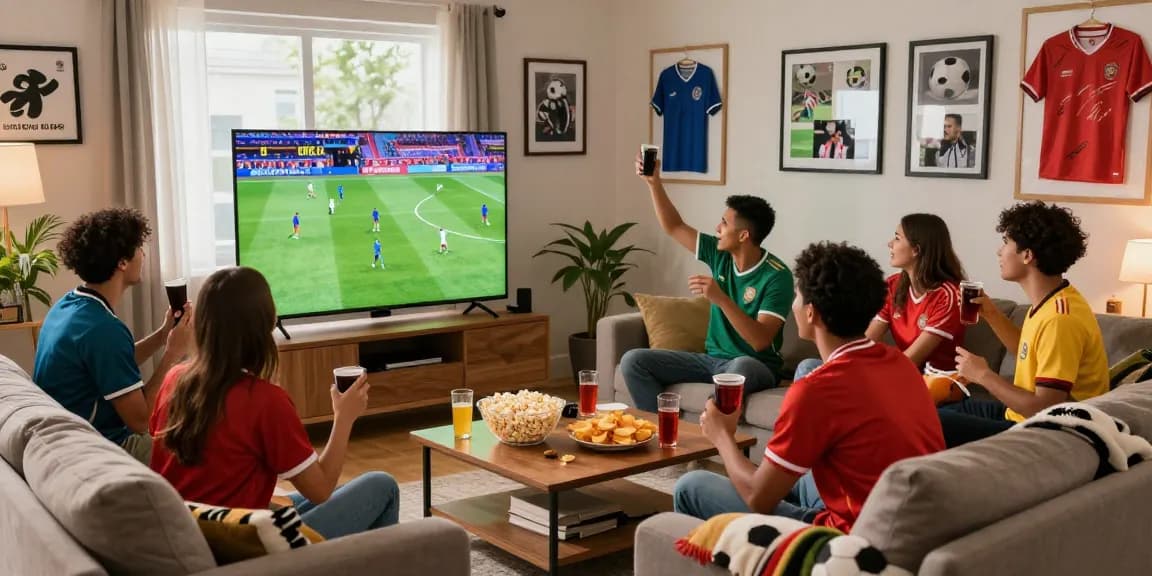 Exciting group watching kora tv football match in cozy living room.