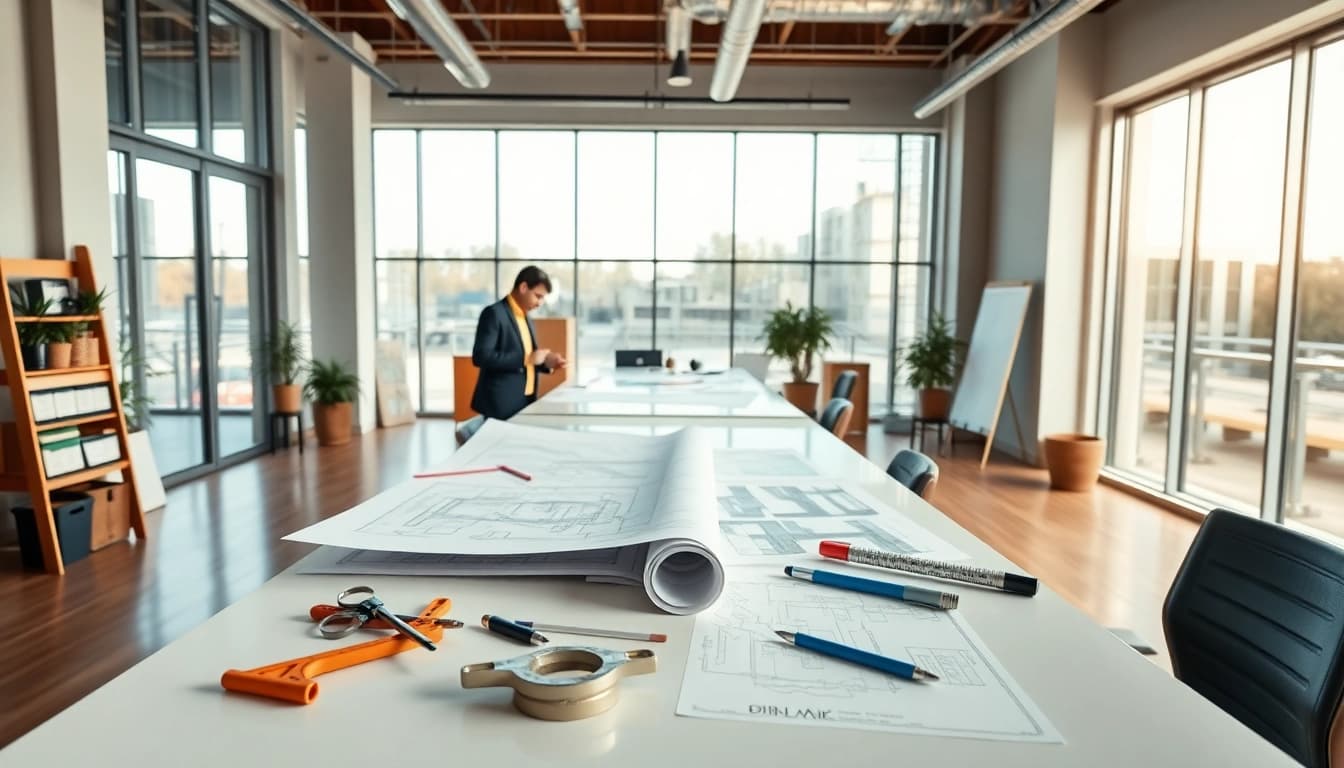 Visual representation showcasing construction design services with vibrant materials and architectural tools.