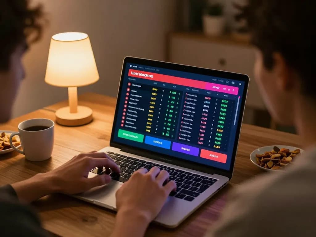 Kèo nhà cái 55 user analyzing live sports betting odds on a laptop in a cozy home office.