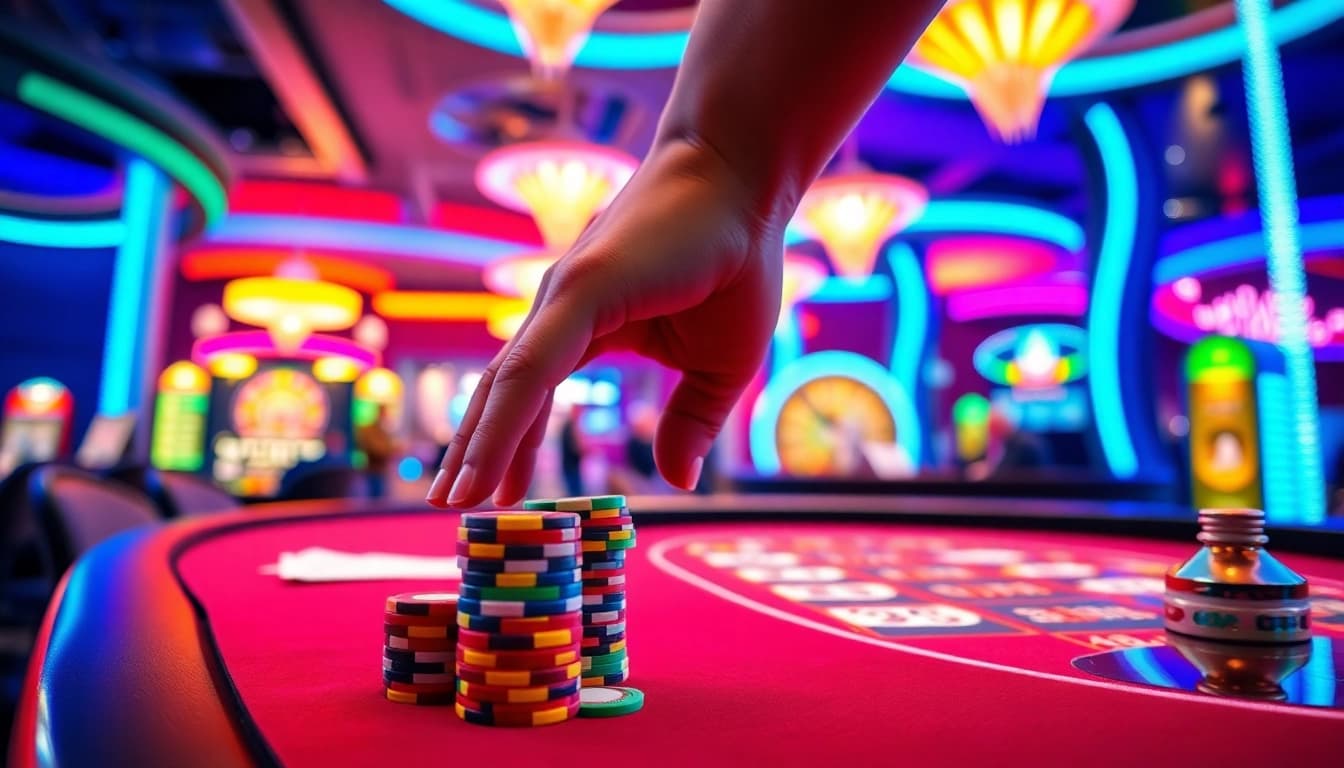 Menangkan taruhan toto dengan tumpukan chip berwarna di meja kasino yang hidup.