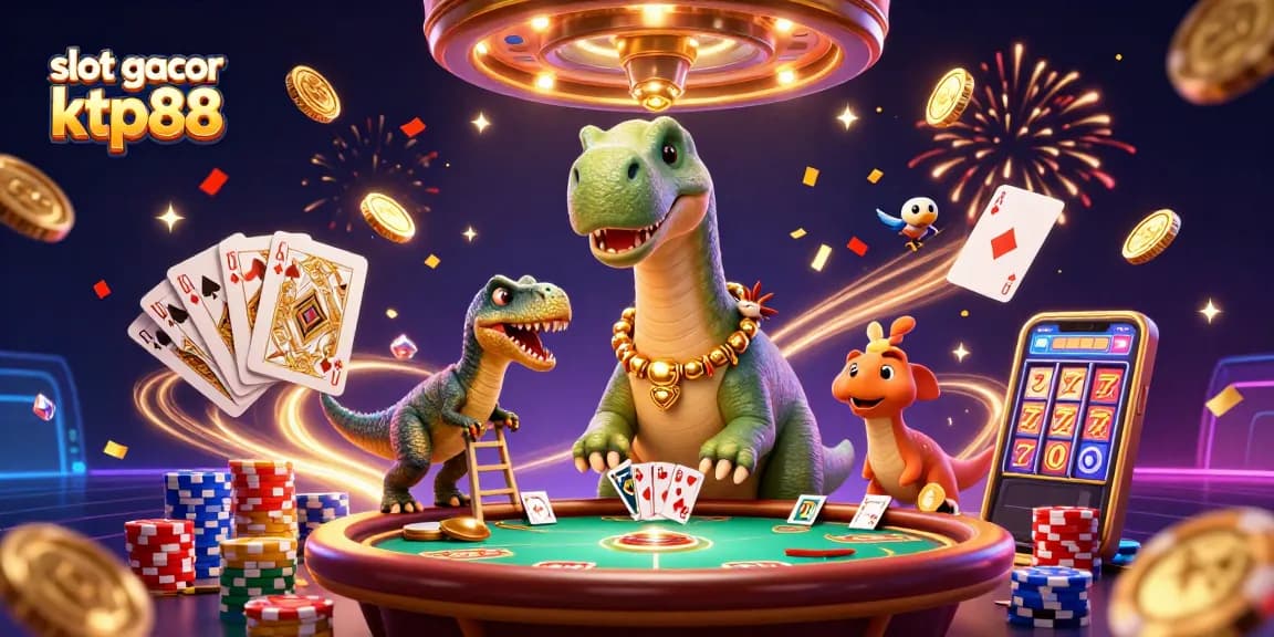 Permainan slot gacor ktp88 menampilkan dinosaurus tinggi dan dealer raptor di kasino.