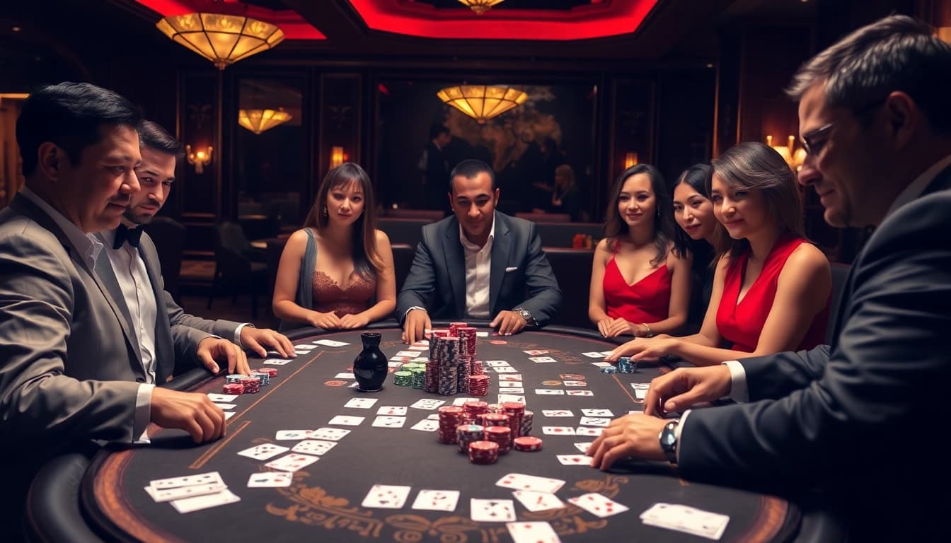 Ikuti permainan Link Mahjong bersama teman-teman di sekitar meja kasino yang indah, dilengkapi ubin yang elegan dan keping poker.
