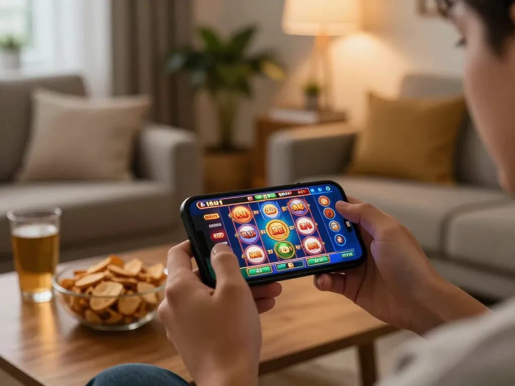 Engaging smartphone gaming on situs slot gacor app, showcasing a lively gaming session at home.