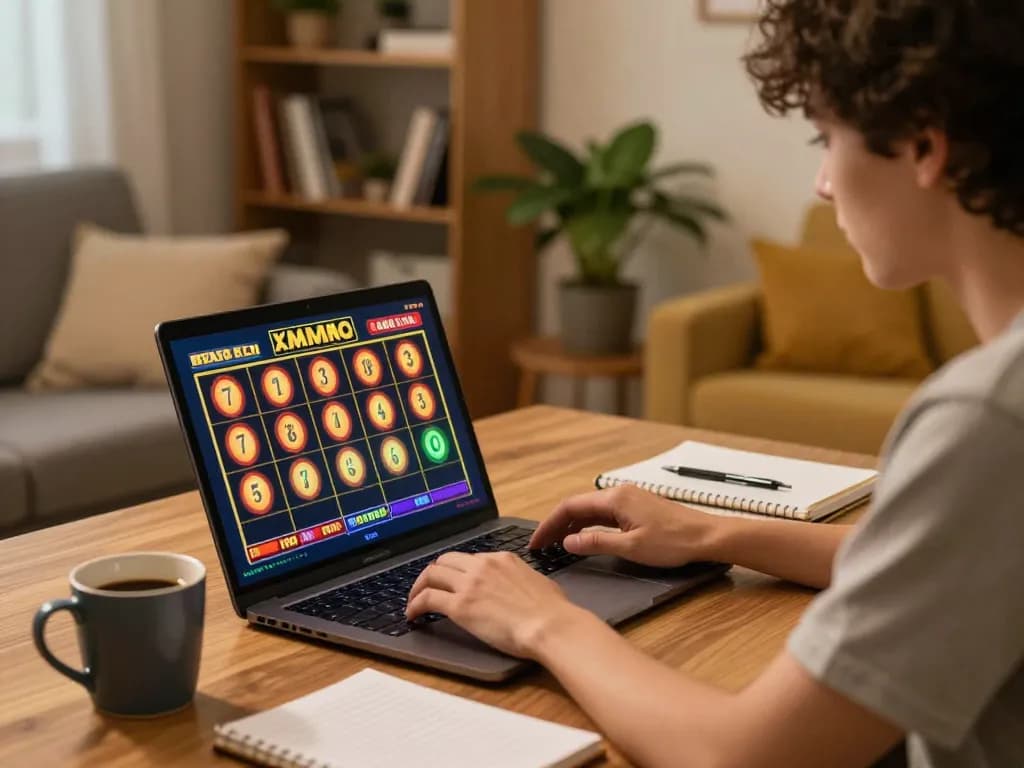 Engaging slot gameplay on laptop in a cozy home setting with strategic planning notes.