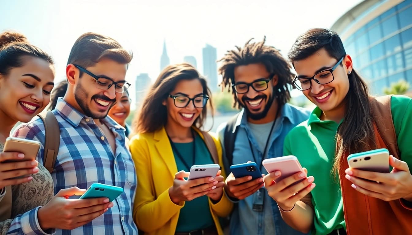 Engaging scene of California sports betting with diverse individuals using mobile apps.