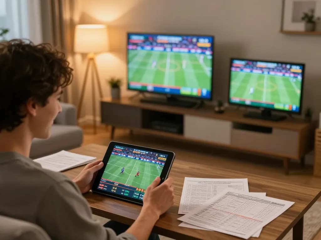 Soi keo nha cai while enthusiastically placing bets on a sports betting tablet in a cozy living room
