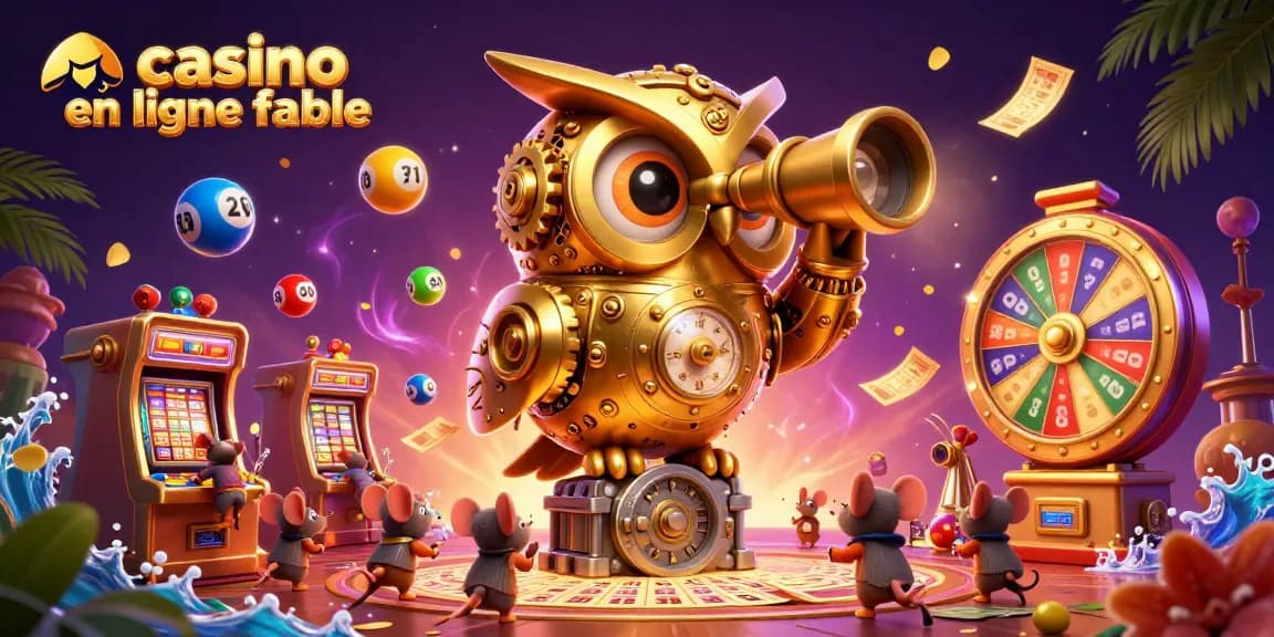 Accédez à un casino en ligne fiable avec une illustration captivante de machines à sous dorées et une chouette magique.
