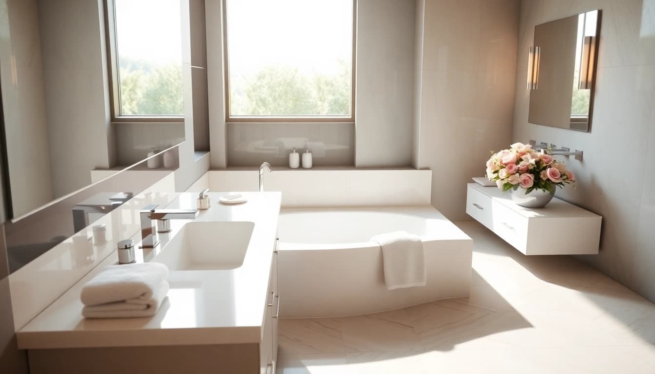 Design a tranquil elegant bathrooms with modern fixtures and a soothing color palette.