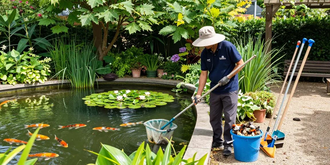 Pond Cleaning Sussex service professional clearing debris from a vibrant garden pond.