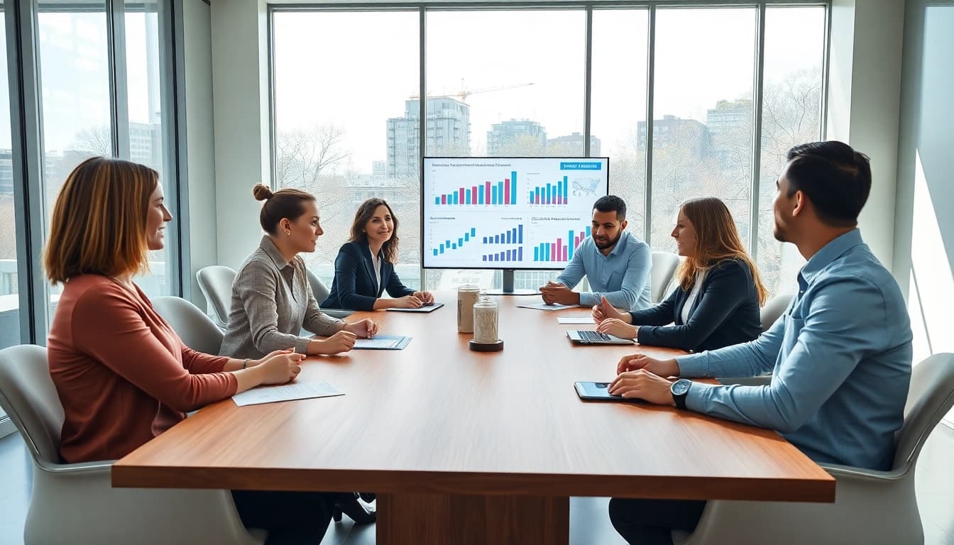 Team brainstorming business growth insights in a modern office environment.