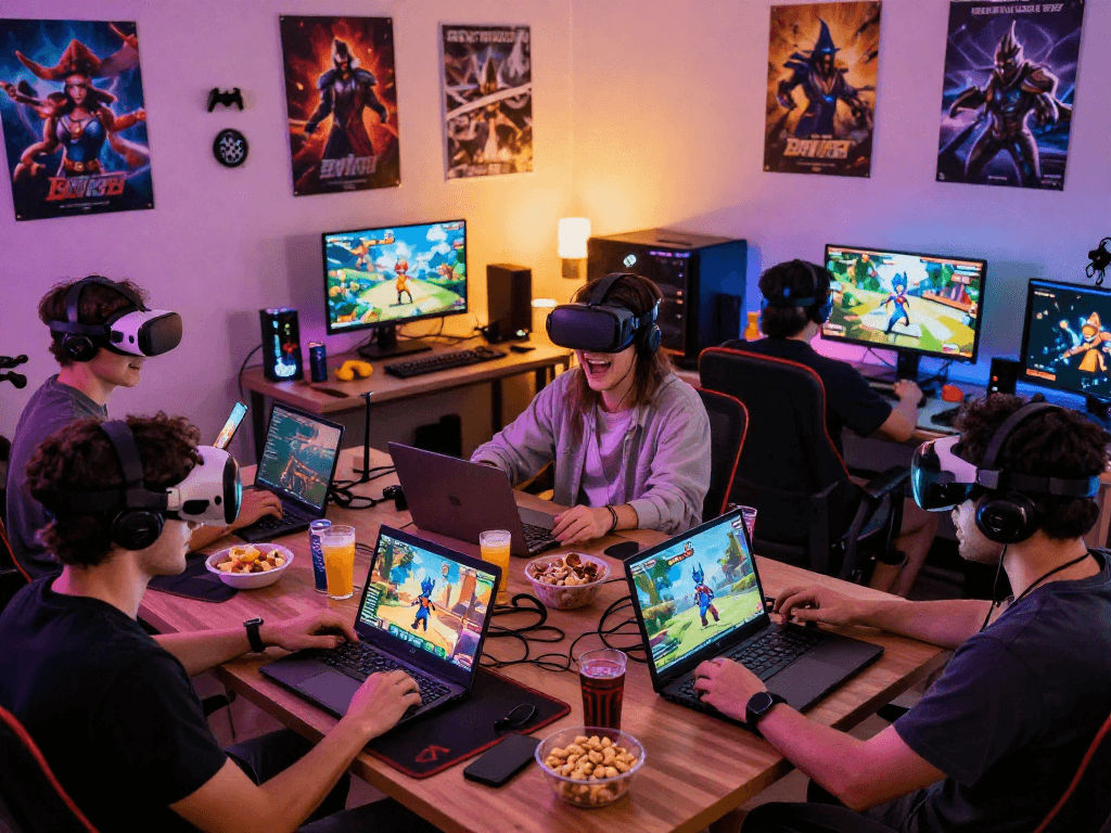 Engaged players enjoying an adult game on various devices in a cozy atmosphere.