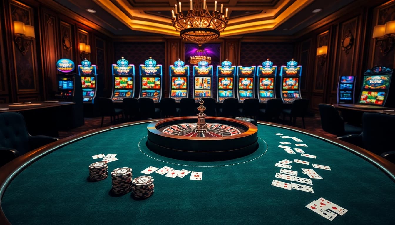 Experience TR88 excitement at a luxurious casino poker table surrounded by vibrant slots.