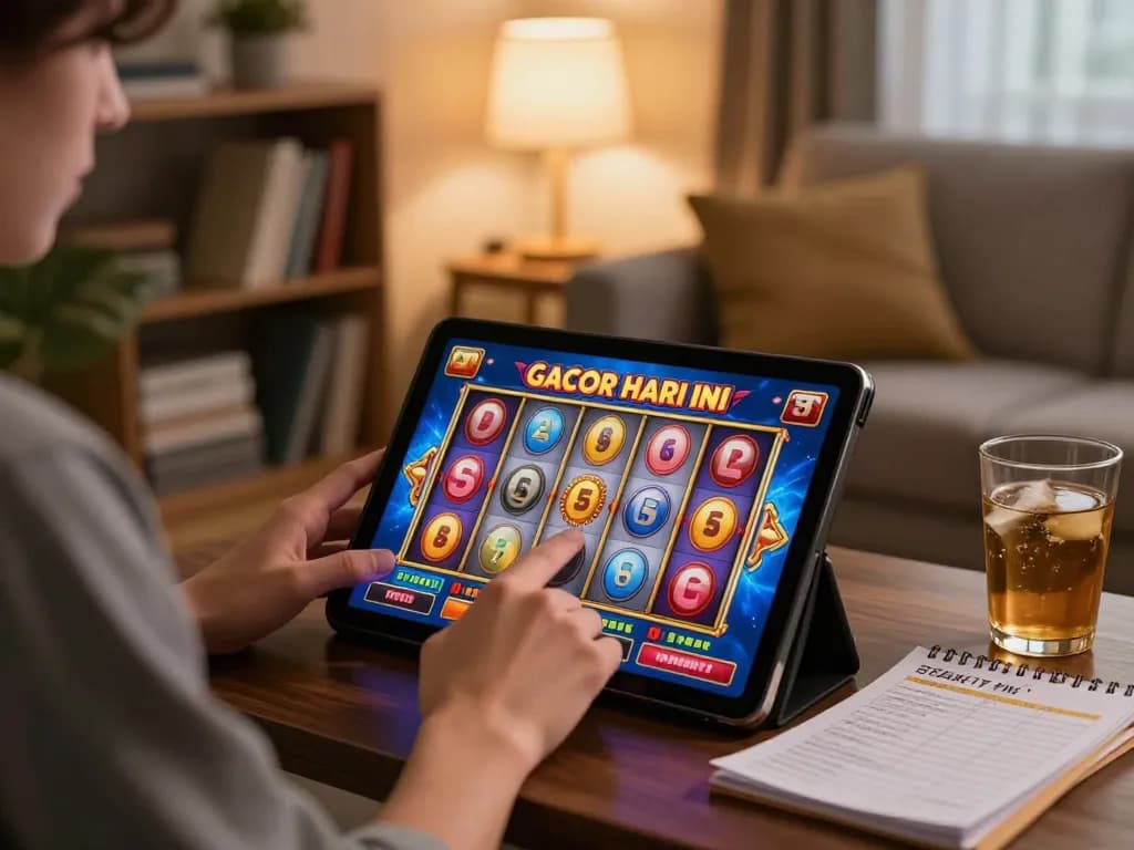 Engaging in slot gacor hari ini gameplay on a tablet in a cozy home setting.