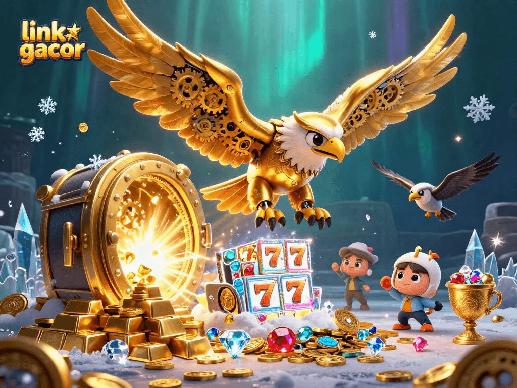 Experience the excitement of link slot gacor with a captivating 3D gaming scene featuring golden treasures and holographic reels.