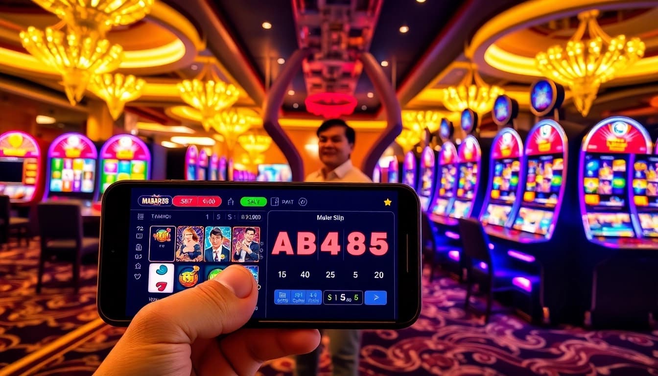 Perayaan kemenangan MABAR88 di kasino online yang meriah dengan mesin slot berwarna-warni dan pemain yang bersemangat.