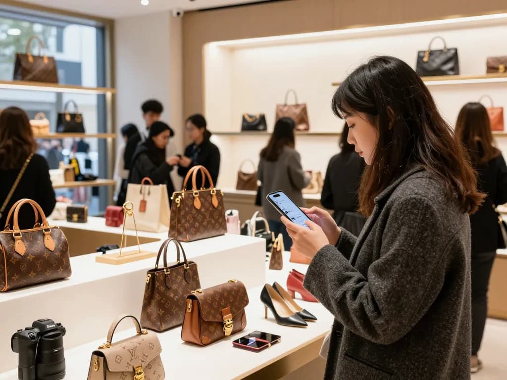 Shopper exploring high-quality 레플리카 쇼핑몰, surrounded by stylish luxury replicas in a modern store.