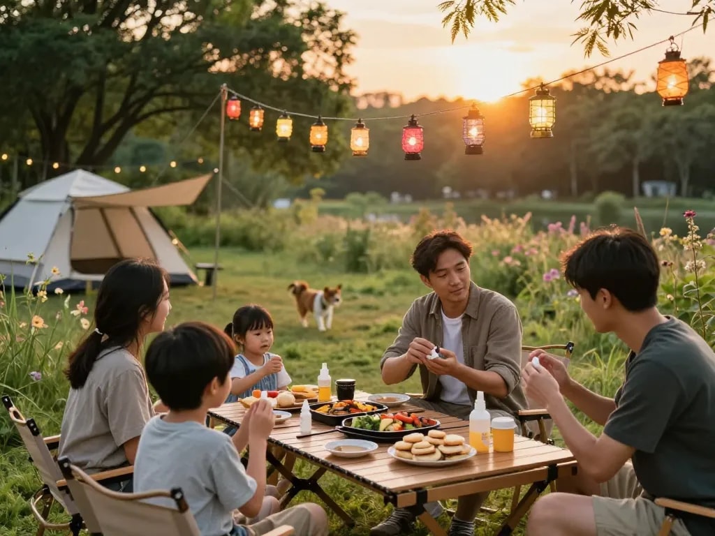 Applying mosquito repellent during a family camping meal, comfortable outdoor setting