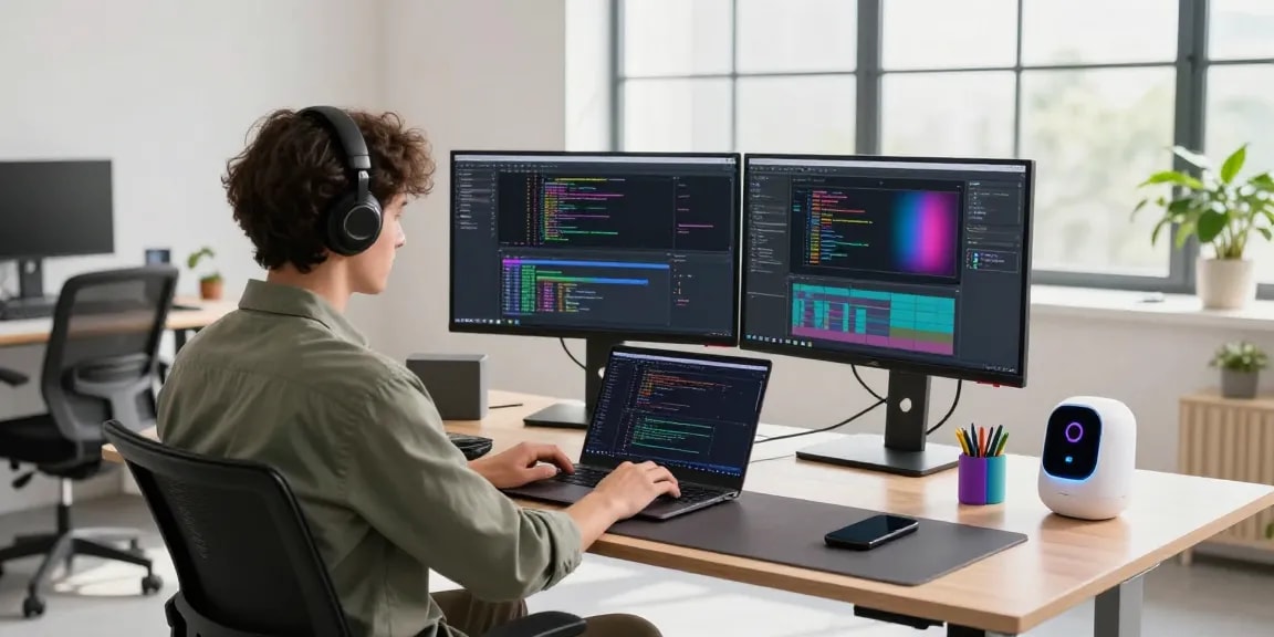Crushon software developer coding in a modern workspace with vibrant ambiance