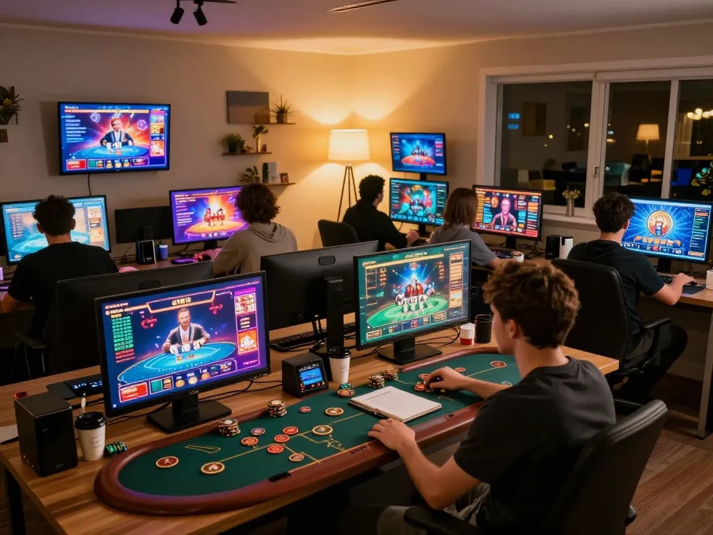 Players engaging in online casino games showcasing g28 gaming strategies in a strategic home office environment