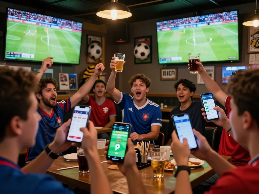 Engaging mix parlay betting moment at a lively sports bar during a football match.