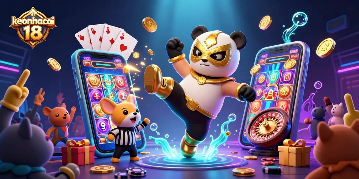 Experience keonhacai 18 with thrilling sports betting action featuring vibrant slot games and animated animal characters.