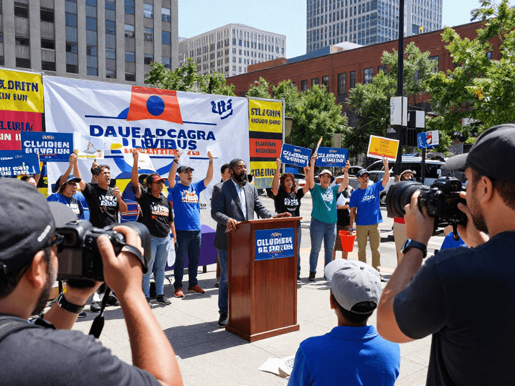 Engaging scene of a political candidate speaking about radio advertising for political campaigns at an urban rally.