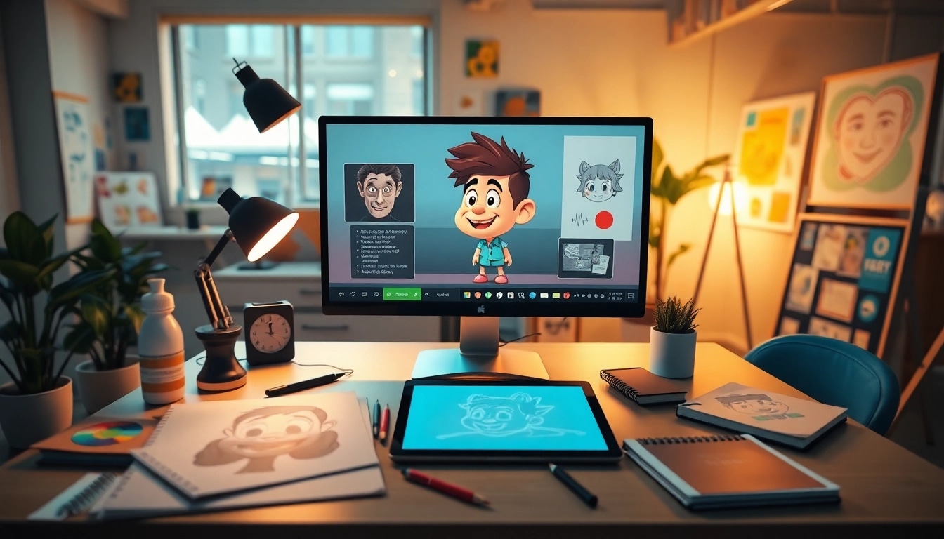 Animation Erstellen in einem modernen Arbeitsplatz mit kreativen Werkzeugen und Charakterdesign.