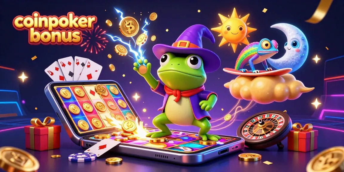 Jouez au bonus CoinPoker et découvrez une illustration 3D colorée d'un mage grenouille et d'un caméléon sur un nuage doré, entourés de jeux de casino.