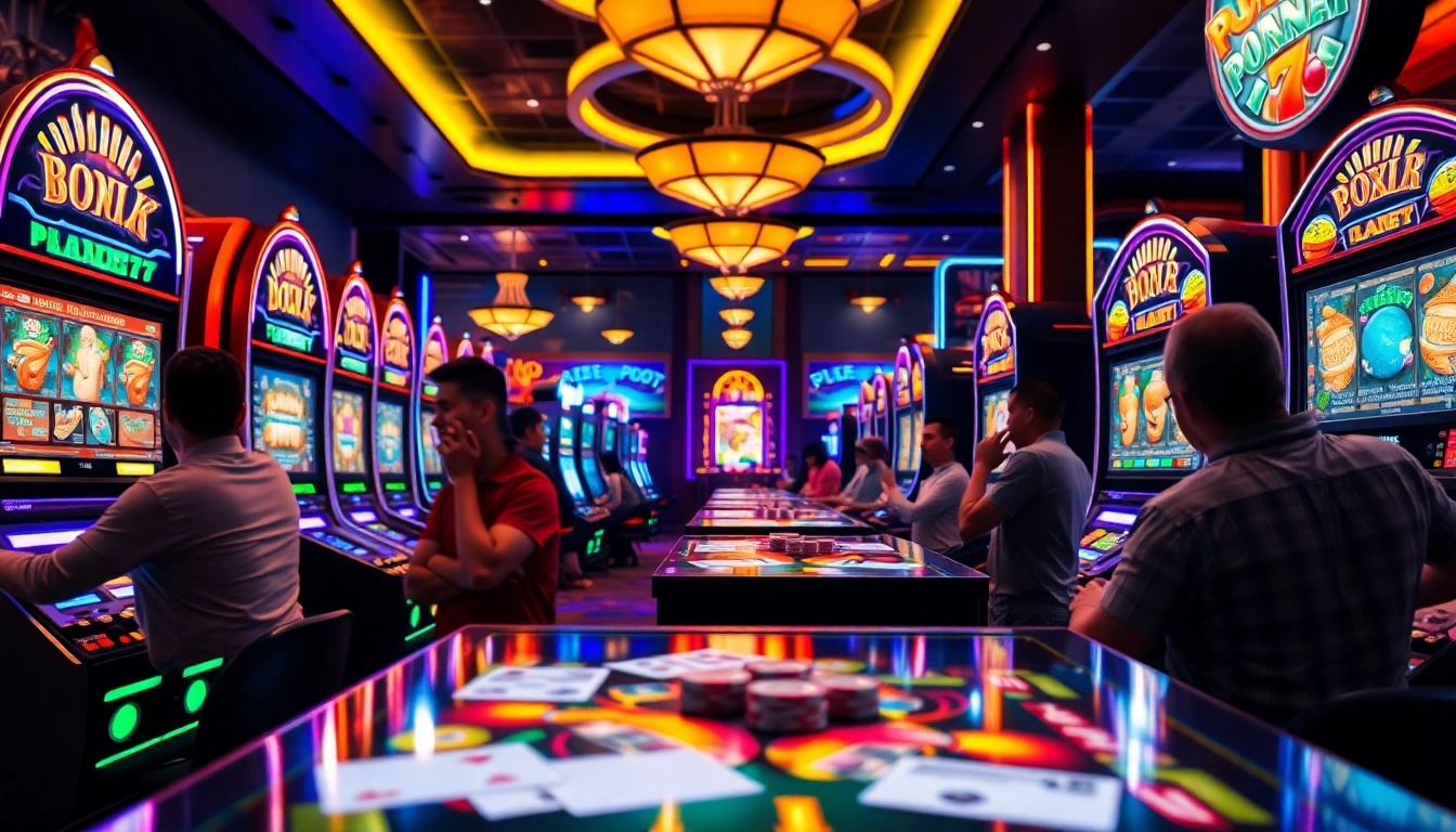 Menampilkan pengalaman bermain PLANET77 game dengan mesin slot berwarna cerah yang terinspirasi kasino.