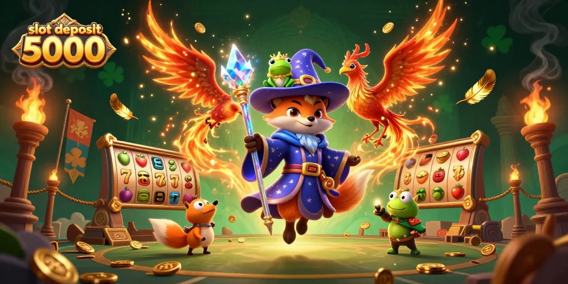 Experience slot deposit 5000 excitement with a captivating 3D illustration of a wizard fox, phoenix, and enchanted frog.