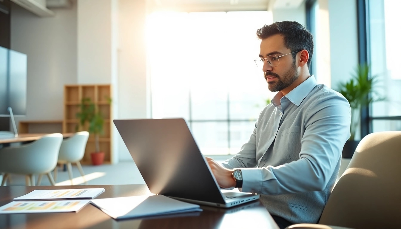 Consultant analyzing Federal and State contracts and grants in a modern office.