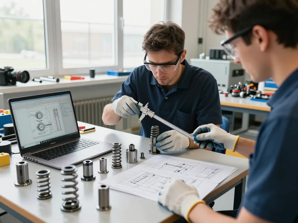 Inginer examinând componentele arcurilor torsiune cu unelte de precizie într-un atelier luminos.