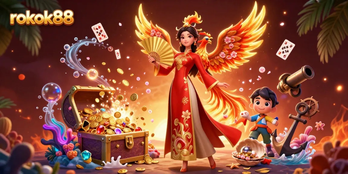 Experience the excitement of rokok88 with a vibrant 3D illustration showcasing beauty and dynamic casino elements.