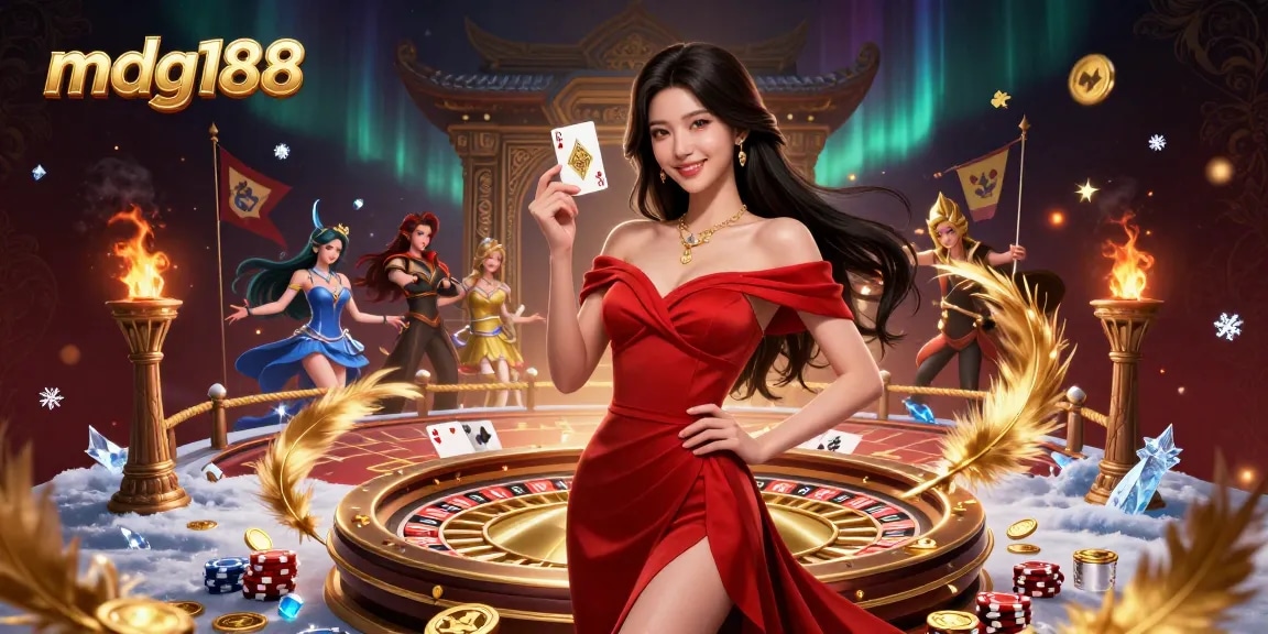 Win big at mdg188 with a stunning Asian woman holding a golden card beside a vibrant roulette wheel.