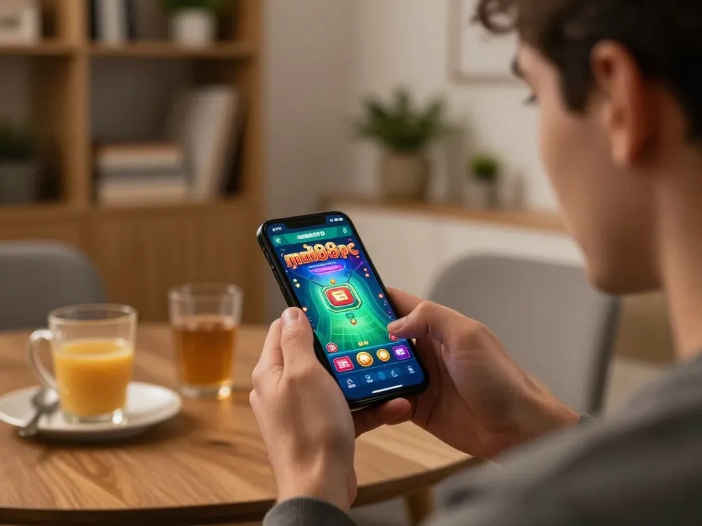 A person engaged with the mm88pc app on their smartphone during a cozy home gaming session.
