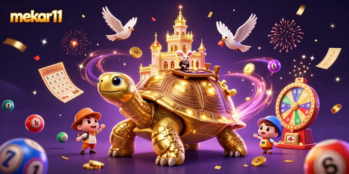 Play games at mekar11 with a golden tortoise casino, vibrant lottery balls, and festive atmosphere.