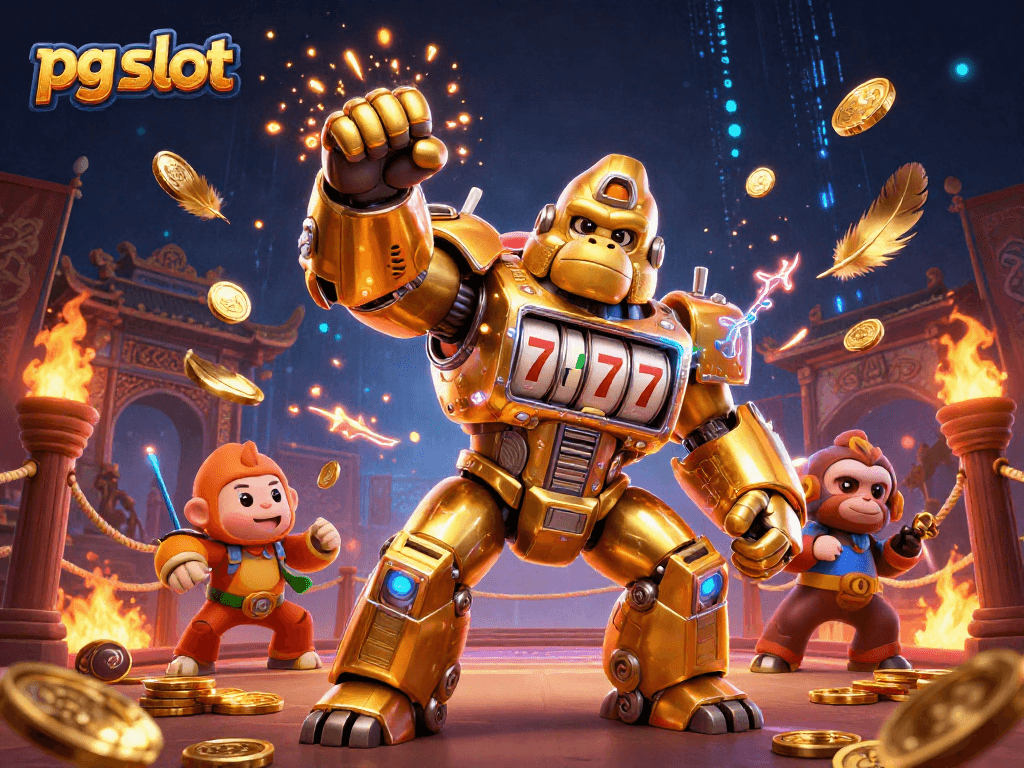 pg slot illustration showcasing an epic golden gorilla mech and a thrilling casino atmosphere.