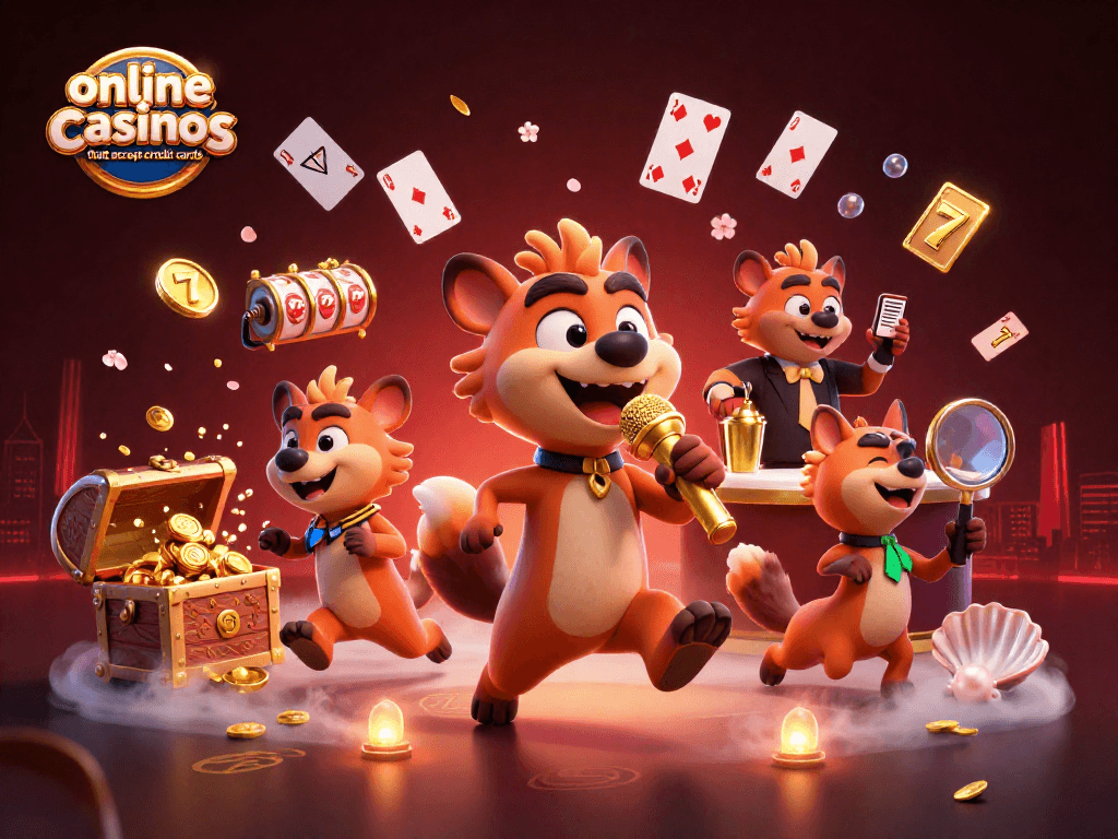 Experience the fun at online casinos that accept credit cards with lively hyena characters in a vibrant casino scene.