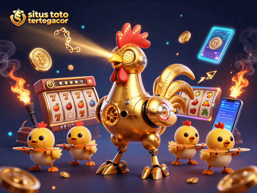 Win big with situs toto slot tergacor in this vibrant scene of golden characters and dynamic casino elements.