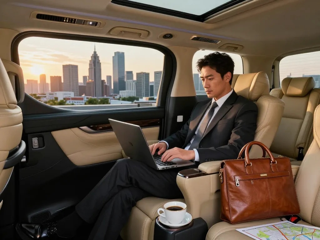 cho thuê xe Toyota Alphard trong bối cảnh du lịch doanh nghiệp sang trọng với một chuyên gia làm việc bên trong