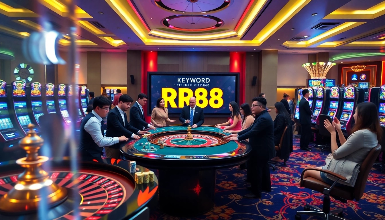 RR88 casino scene showcasing a lively gaming table with excited players and vibrant slot machines.