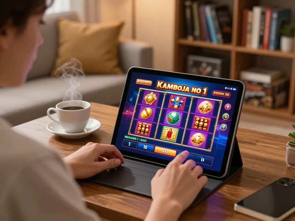 Playing a thrilling game on slot server kamboja no 1 with tablet at home