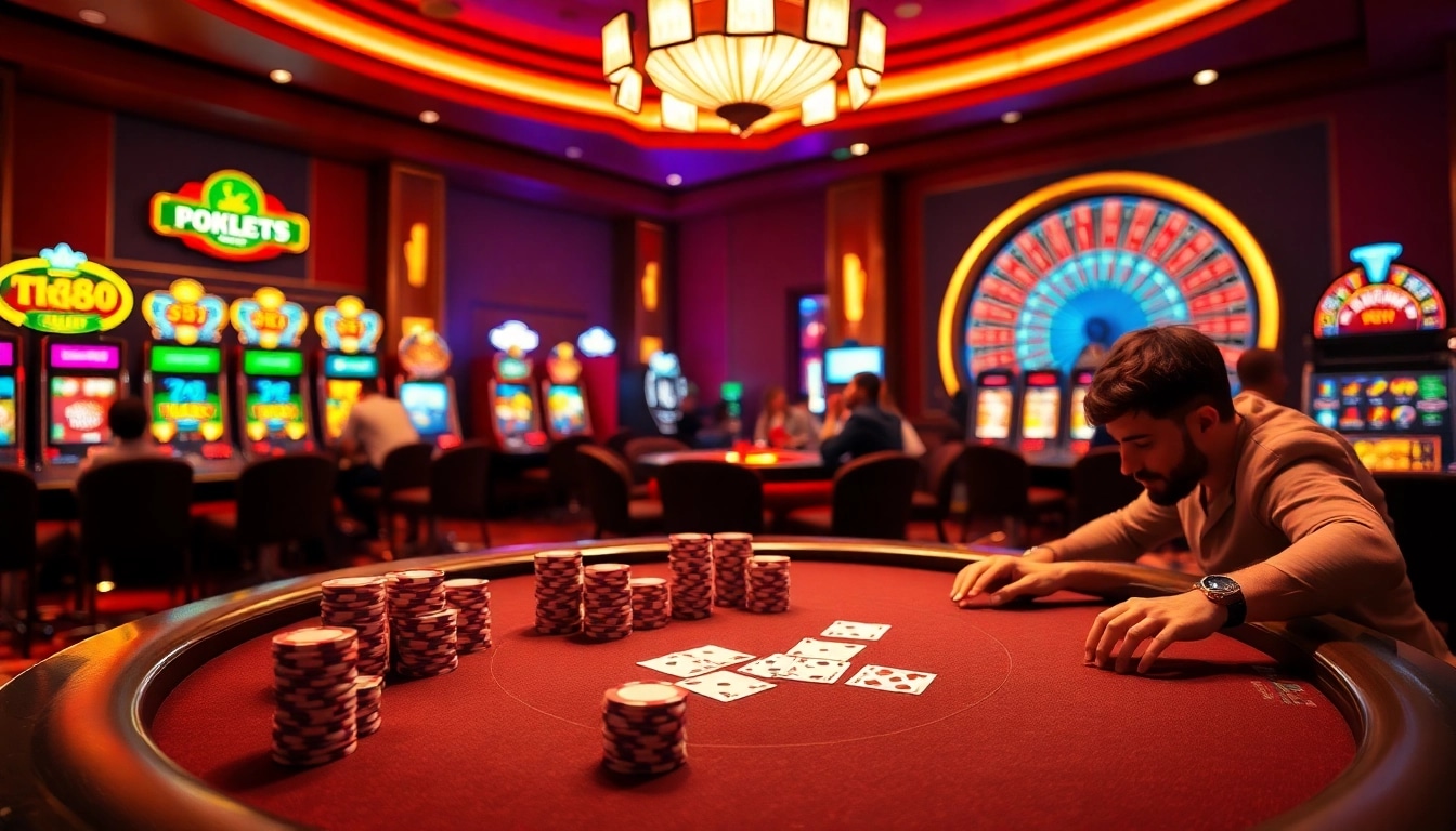 Experience the excitement of Tk88 at a vibrant casino poker table, complete with chips and cards.