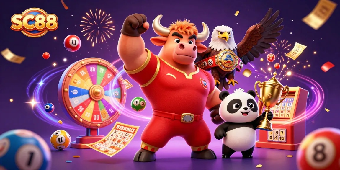 SC88 showcases a bull mascot celebrating with winnings in a vibrant casino scene.