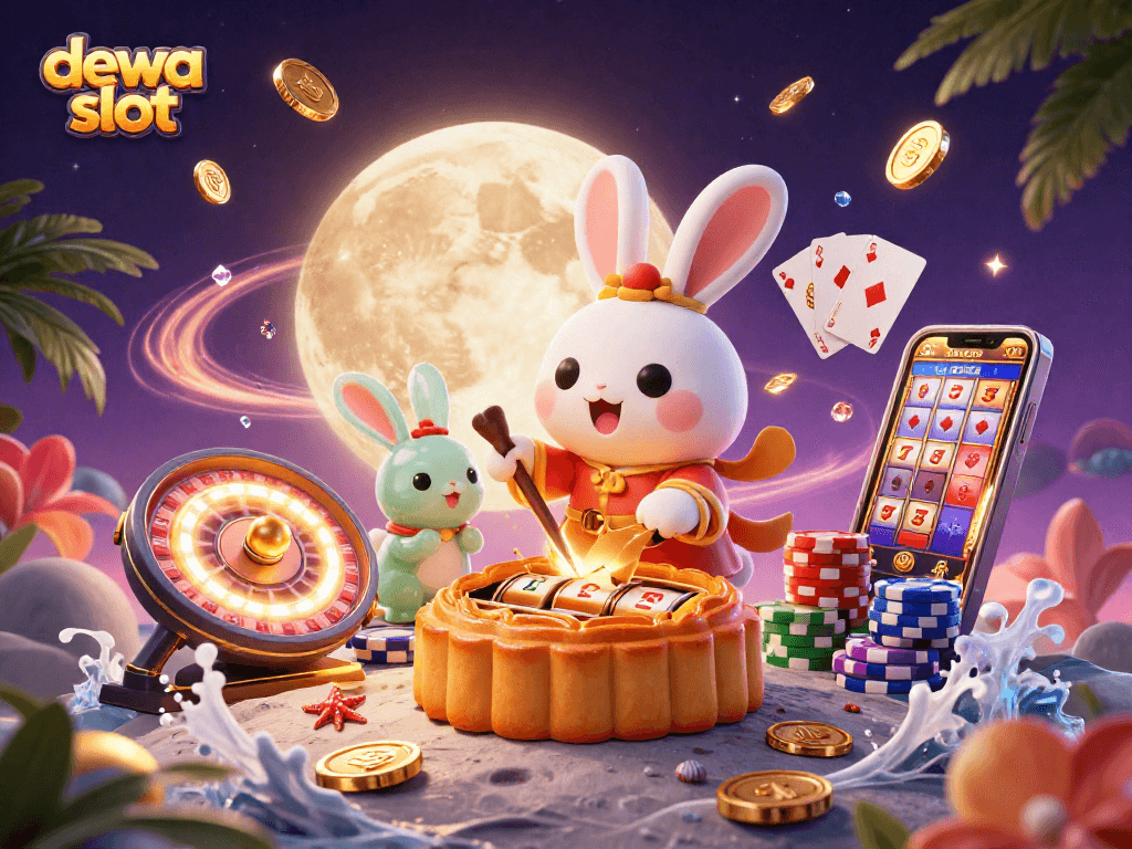Gambarkan dewa slot yang memukau dengan kelinci bulan tradisional menghancurkan kue bulan dan muncul simbol slot bertema.