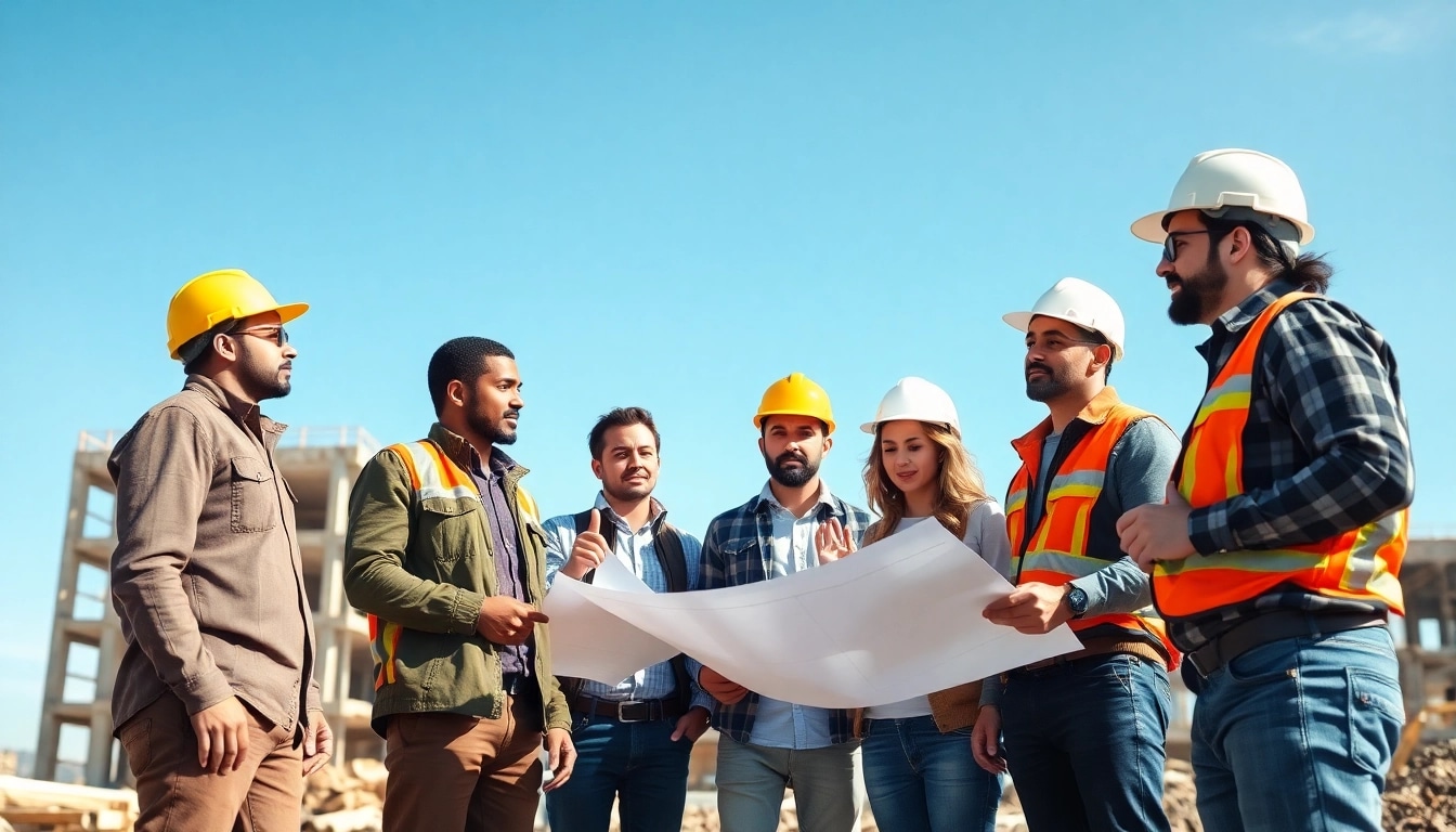 Engaged team in construction workforce development discussing blueprints at a building site.