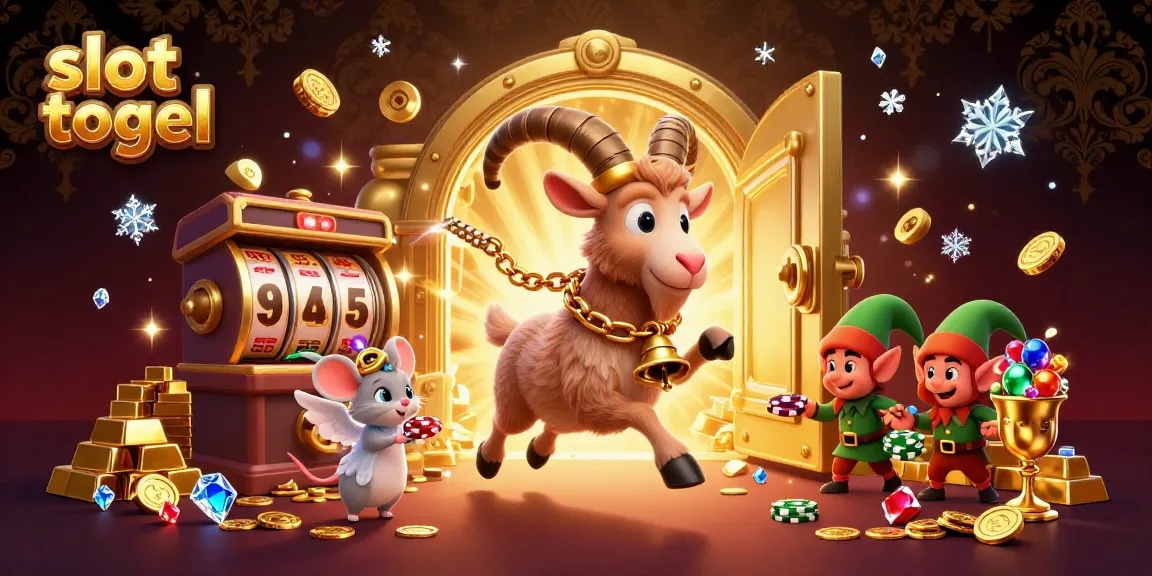 Experience the excitement of slot togel as festive 3D characters navigate a vibrant casino, filled with treasures.