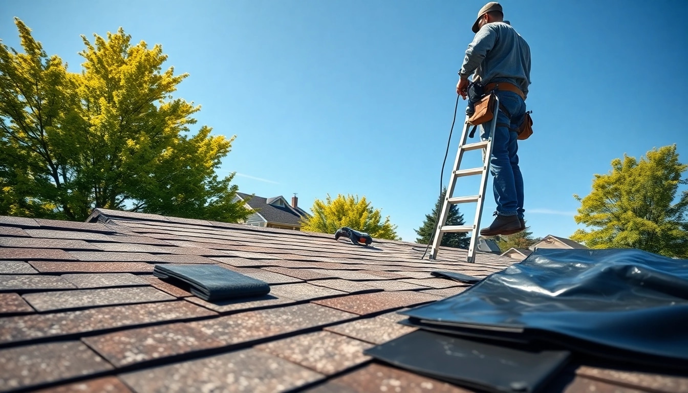 Expert roof repair underway by a professional roofer with tools on a residential home.