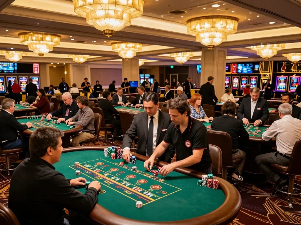 Players enjoying strategic gameplay at shbet casino tables with vibrant atmosphere and engaging lighting.