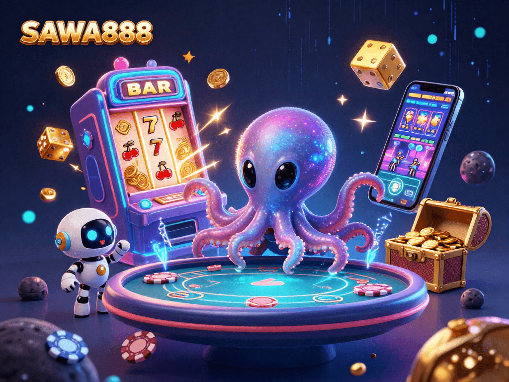 Experience the excitement of SAWA888 with thrilling gaming action in a colorful alien casino.